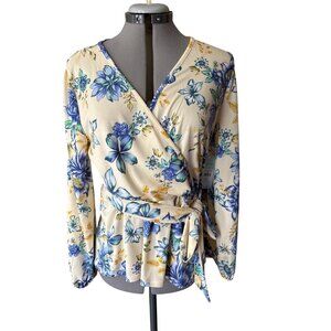 Blue Sol Floral Wrap Long Sleeve Top Soft Stretchy Elegant Feminine Design Med